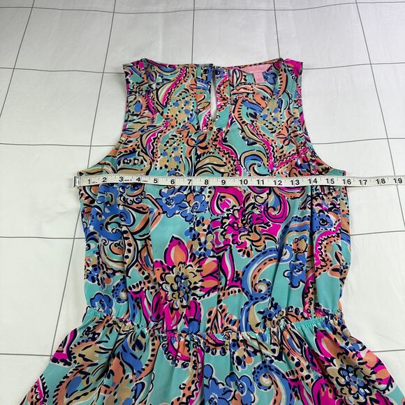 Lilly Pulitzer Top Womens Small Blue Pink Dune Bait & Switch Silk Preppy Peplum - Picture 7 of 9